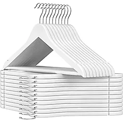 SONGMICS ahşap elbise askısı, 20'li set, masif ahşap askılar, omuz bölgesinde çentikler, kaymaz pantolon çubuğu, 360° dönebilen kanca, takım elbise, gömlek için, beyaz-gümüş CRW03W-20