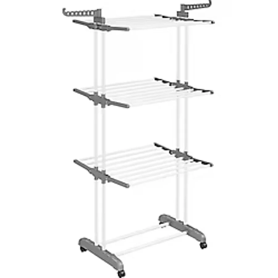 SONGMICS Çamaşır Kurutma Makinesi, Stand Kurutma Makinesi 4 Kademeli, Kanatlı Elbise Havalandırması, Katlanır Kanatlar, Tekerlekli, Kolay Montaj, Beyaz