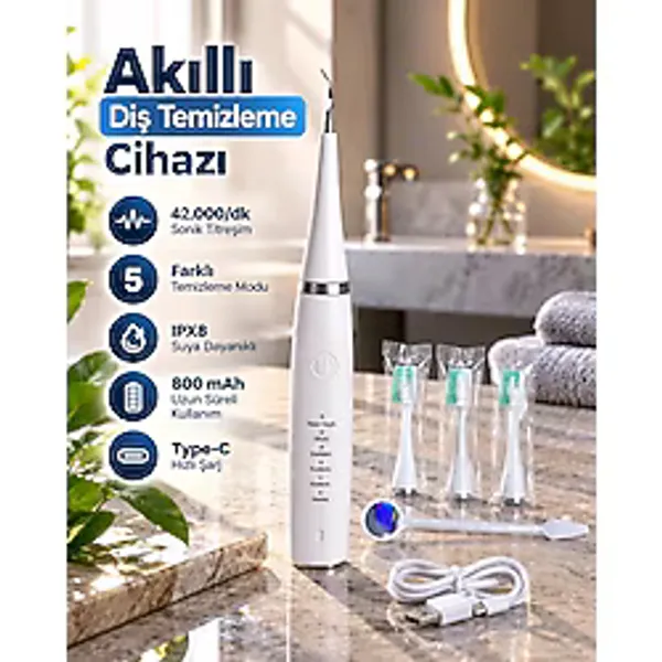 Sonic Titreşimli Akıllı Diş Temizleme Cihazı Type C Şarjlı 5 Kademeli Temizleme Sistemi