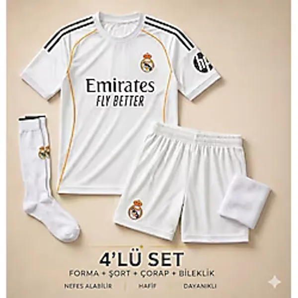 Sonvadi Real Madrid Mbappe 25/26 Sezon Çocuk Futbol Forması 4'lü Set Forma + Şort + Çorap + Bileklik - 13 - 14 Yaş - Siyah