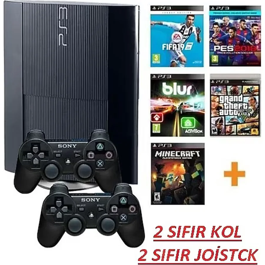 Sony Playstation 3 + Süper Slim Kasa+ 500GB + 180 Oyun+ 2 Sıfır Joistick +1 Yıl Garanti - Siyah