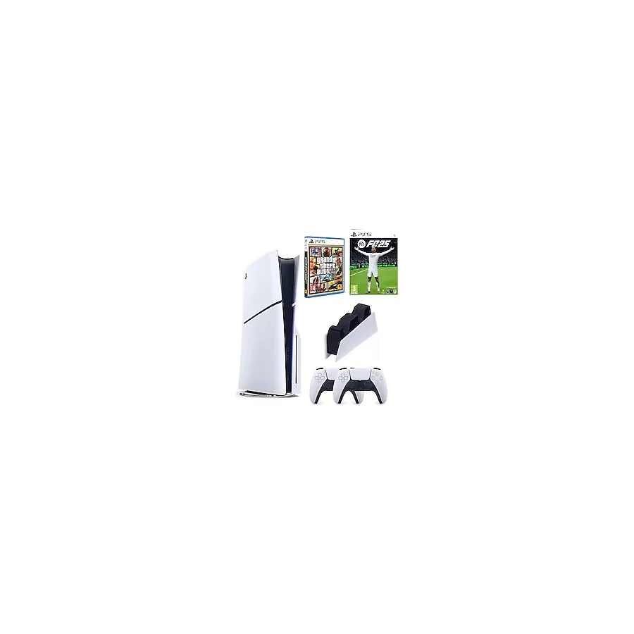 Sony Playstation 5 slim + 2.kol dualsense + Şarj istasyonu + PS5 GTA 5 + Ps5 FC25