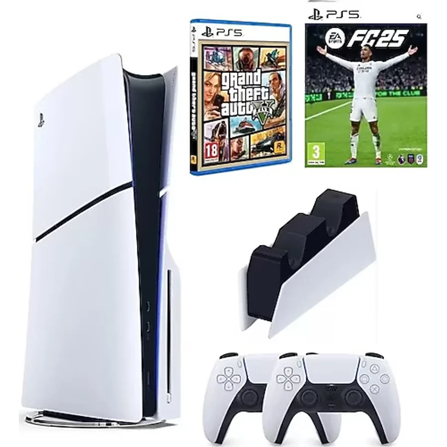 Sony Playstation 5 Slim Cd Edition + 2. DualSense Ps5 Kol + Şarj istasyonu + Fifa Fc 25 + GTA 5 (ithalatçı Garantili)