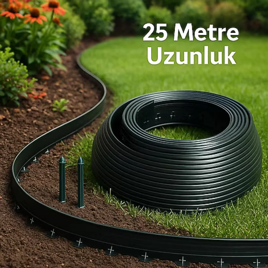 SouTech Üreticiden Siyah Çim Ayırıcı, Peyzaj Sınırlayıcı - Toprak Taş Ayıracı -25 Metre 40 Adet Sabitleme