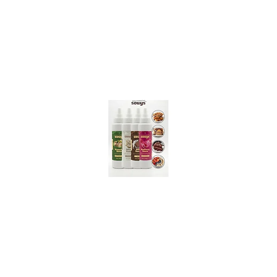 Souys Sütlü + Beyaz + Frambuaz + Antep Fıstık Aromalı Tatlı Çikolata Sos 4'lü Set 300 gr - Waffle & Krep & Pankek & Dondurma & Kahve ve Pasta Sosu