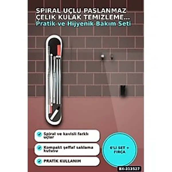 Spiral Uçlu 6'Lı Paslanmaz Çelik Kulak Temizleme Seti - Taşınabilir Bakım Aleti Bx-313527