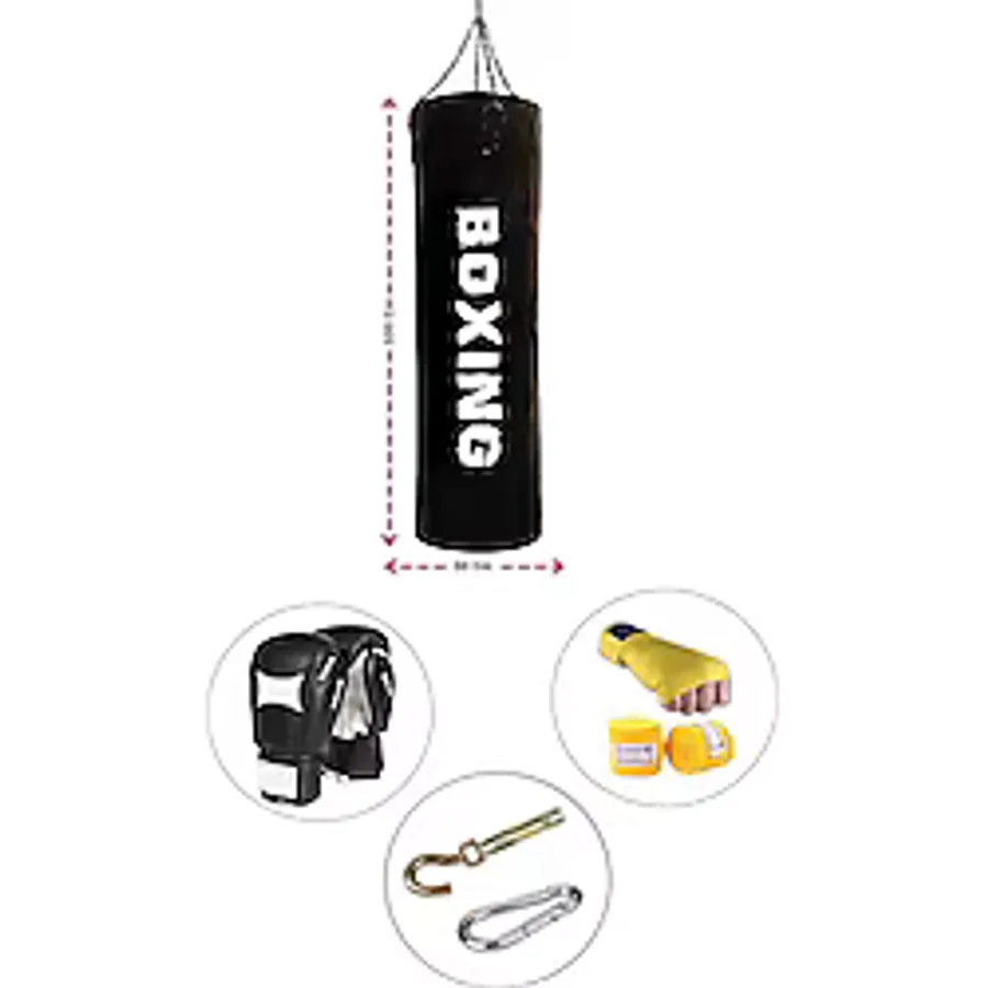 Spor Byfit 100 Cm X 30 Cm Siyah Boks Torbası + Boks Eldiveni + Boks Bandajı + Askı Aparatı - 4' Lü Set - Dolu