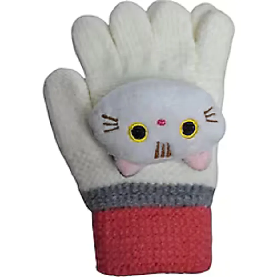 Spteks Kitti 4-8 Yaş Kız Çocuk Krem Renk Kedi Figürlü Kışlık Örme Eldiven