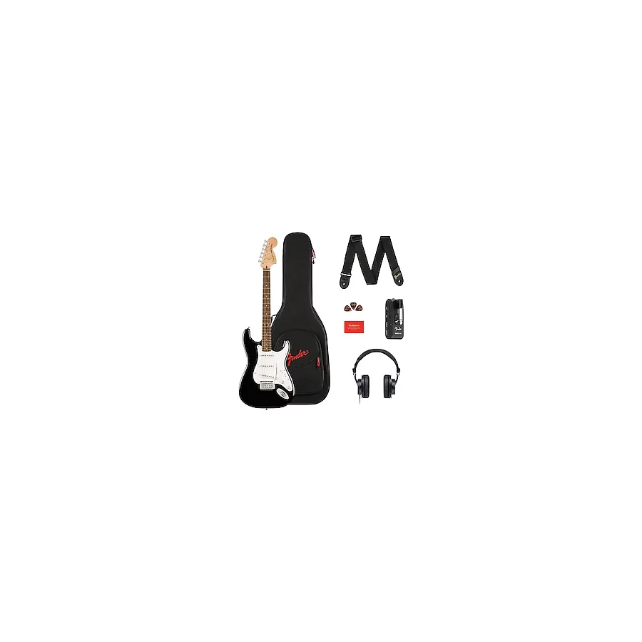 Squier by Fender Affinity Series Stratocaster elektro gitar ve Mustang Micro Pack siyah Gigbag, kayış, kulaklık, pena ve Fender Play için 3 aylık ücretsiz abonelik dahil