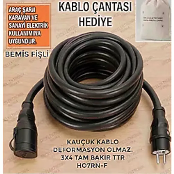 Srcelektronik Üntel Kauçuk Kablolu Araç Şarjı Uyumlu (1-40 Metre Arası (3x4 (H07RN-F) Ttr Tam Kauçuk - Tam Bakır Kablo) (Fişler Bemis Marka Kauçuk Tseli ) Uzatma Seyyar - 8 METRE