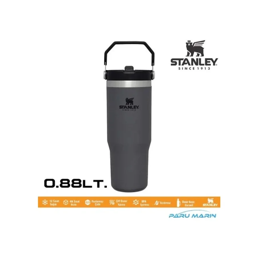 Stanley The Iceflow Flip Straw 2.0 Pipetli Termos Bardak 0,89 lt Füme Çelik Malzeme ile - Füme - Gri