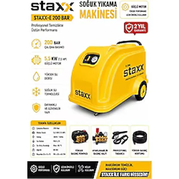Staxx Power 200 Bar Soğuk Yüksek Basınçlı Oto Yıkama Makinesi Endüstriyel Seri Trifaze