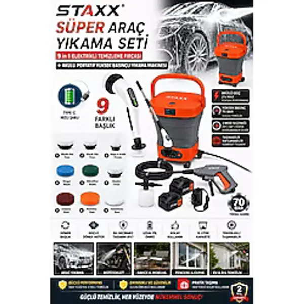 Staxx Power Süper Araç Yıkama Seti 70 Bar Basınçlı Oto Yıkama + 9 Başlıklı Şarjlı Temizlik Fırçası Pro