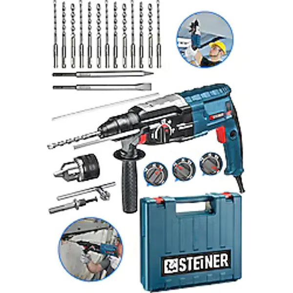 Steiner Alman 4000 Watt Profesyonel Kırıcı Delici Hilti Darbeli Matkap Gri + 15 Adet Uç + Mandren