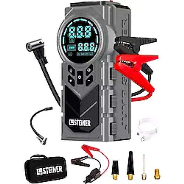 Steiner Şarjlı 20.000MAH Araç Akü Takviye Cihazı 150 Psı Işıklı Dijital Ekranlı Lastik Şişirme Hava Kompresörü Çantalı