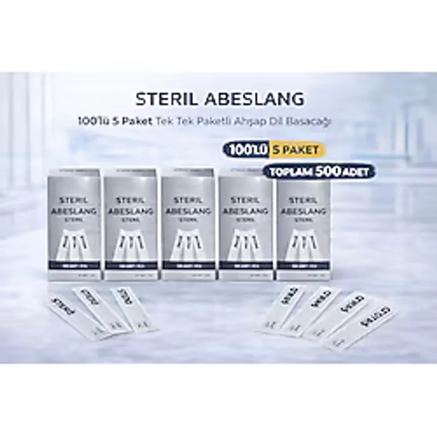 Steril Abeslang 100'LÜ 5 Paket Tek Tek Paketli Ahşap Dil Basacağı Medikal Spatula Toplam 500 Adet