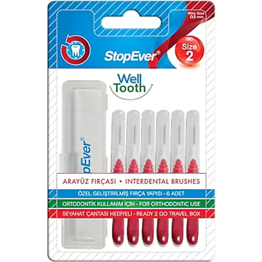 StopEver Well Tooth Arayüz Fırçası, Kırmızı - Size 2 0.5 mm İnce Telli Diş Arası Fırçası, Taşıma Kutusu Hediyeli Ortodontik Kullanıma Uygun 6 Adet