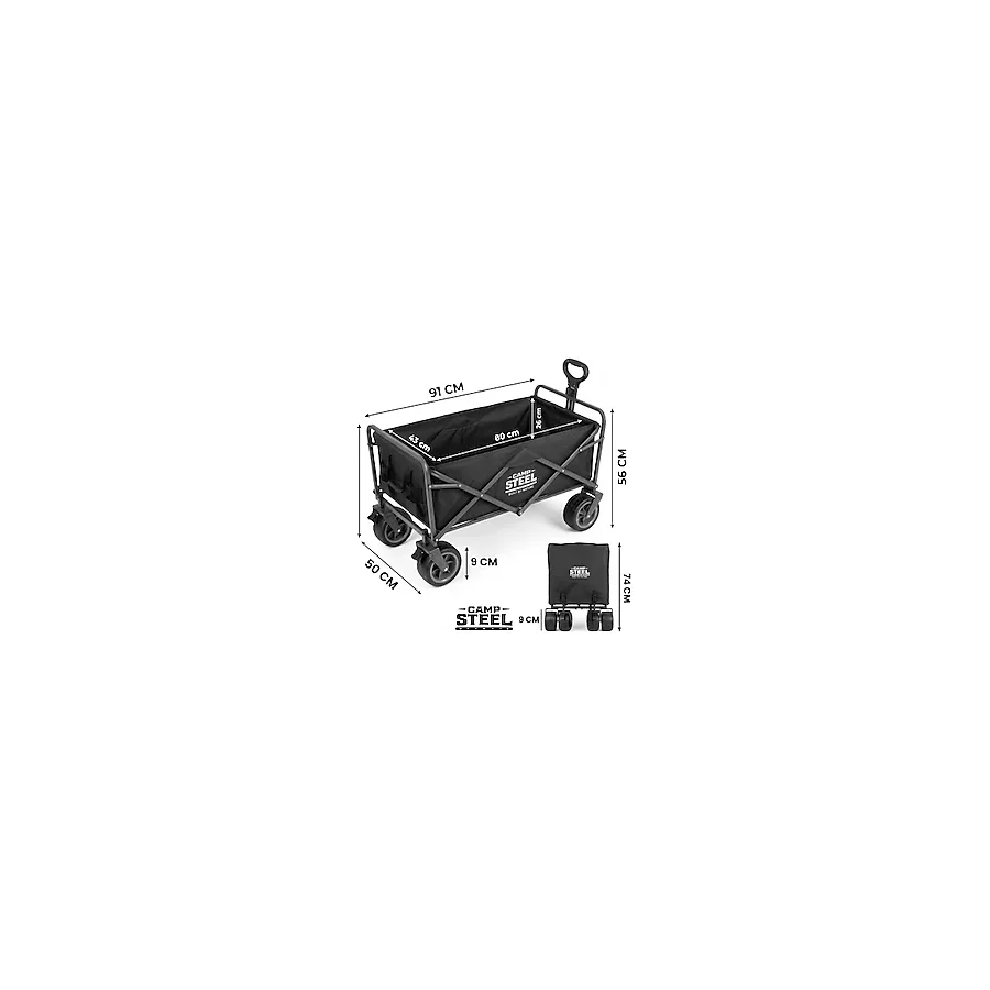 Store Campsteel 100 Litre Fren Sistemli, Rulmanlı, Kalın Teker, Xxl Boy Katlanır Vagon (91X50x56 Cm) Plaj Taşıma Ve Kamp Piknik Arabası - Siyah