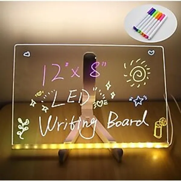 Store LED Işıklı Akrilik Yazı Tahtası - 20X20 cm Şeffaf Masaüstü Not Panosu, USB Bağlantılı, 7 Renkli Kalem ve Stand Dahil, Çocuklar İçin Eğlenceli Yazı Tahtası, Masa Dekoratif Ledli Işık Panosu (20X3