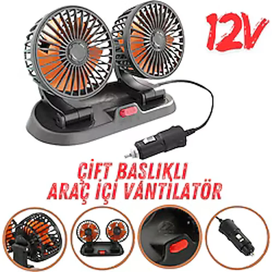 STS Oto Aksesuar Araç Içi Vantilatör 360° Dönebilen Torpido Üstü Çift Başlıklı Vantilatör 12v Uyumlu Soğutucu Fan