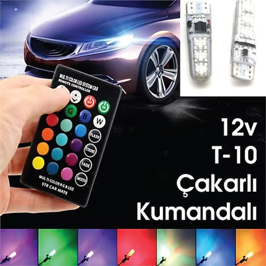 STTİCARET Silikon T10 Park Ampülü 12 Led Rgb Uzaktan Kumandalı Park ve Plaka Lambası