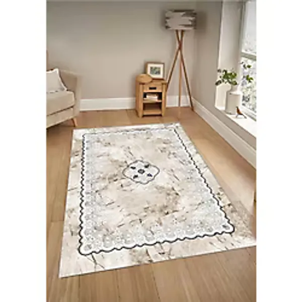 Sty Home Krem Mavdijital Baskı Kaymaz Tabanlı Yıkanabilir Halı Yolluk Salon Halısı