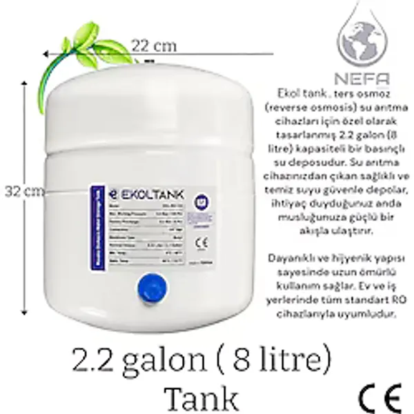 Su Arıtma Tankı 8 Lt Tüm Cihazlara Uyumlu, Paslanmaz Çelik Tank,