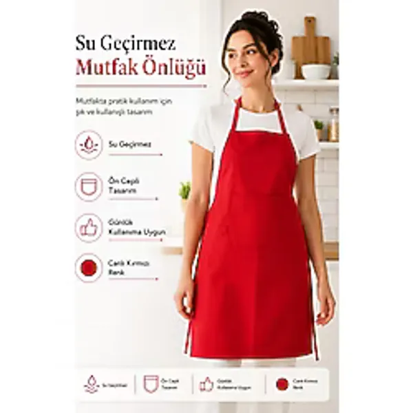 Su Geçirmez Kırmızı Mutfak Önlüğü - Ön Cepli, Bağlamalı, Unisex Aşçı Ve Yemek Önlüğü