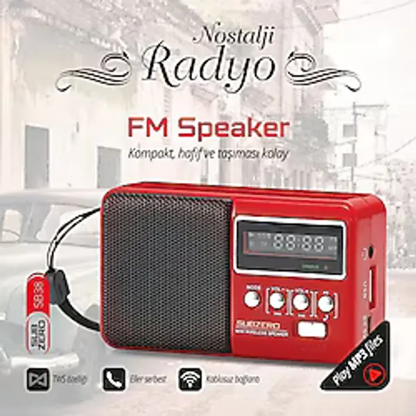 Subzero Mini Nostalji Cep Radyosu Tws/fm Usb Bluetooth Müzik Kutusu kırmız mavi ve siyah