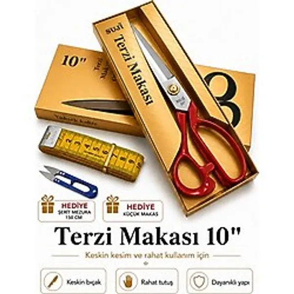 Suji Terzi Kesim Makas + Suji Şerit Mezura + Metal Metal Makas Aura Online - KIRMIZI 10 NO