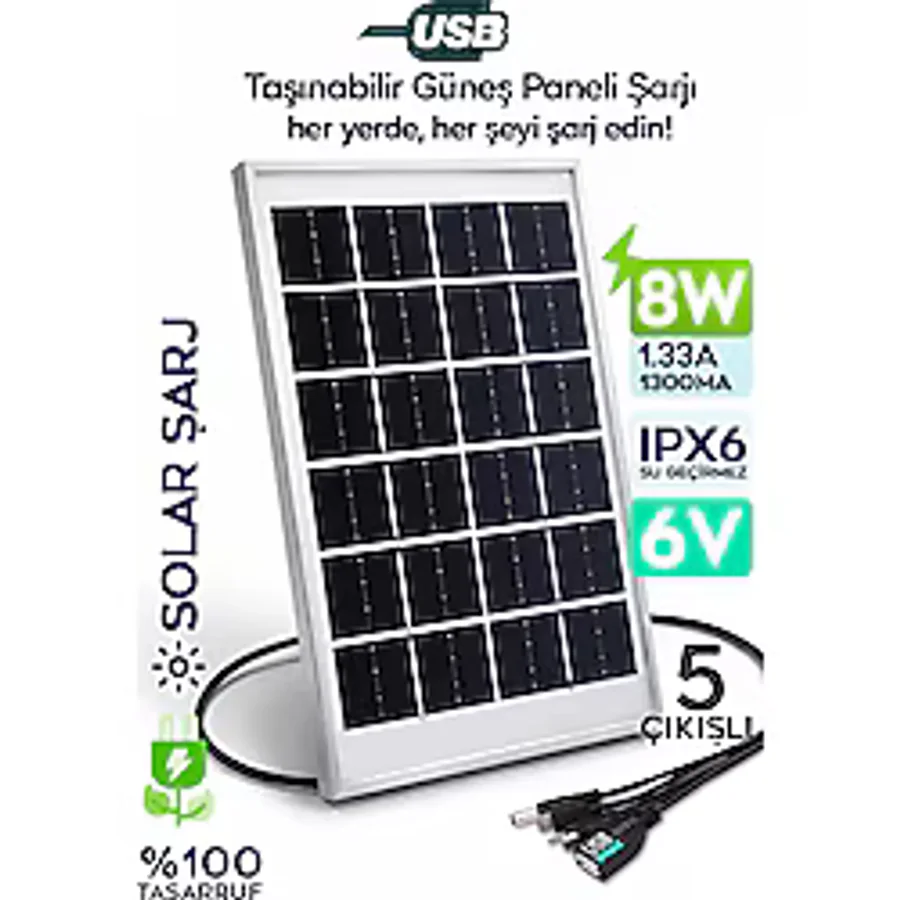 SULED 8W Güneş Enerjili Solar USB Şarj Paneli 6V USB Çıkışlı 2A Telefon Tablet ve USB Ürün Şarj Ünitesi