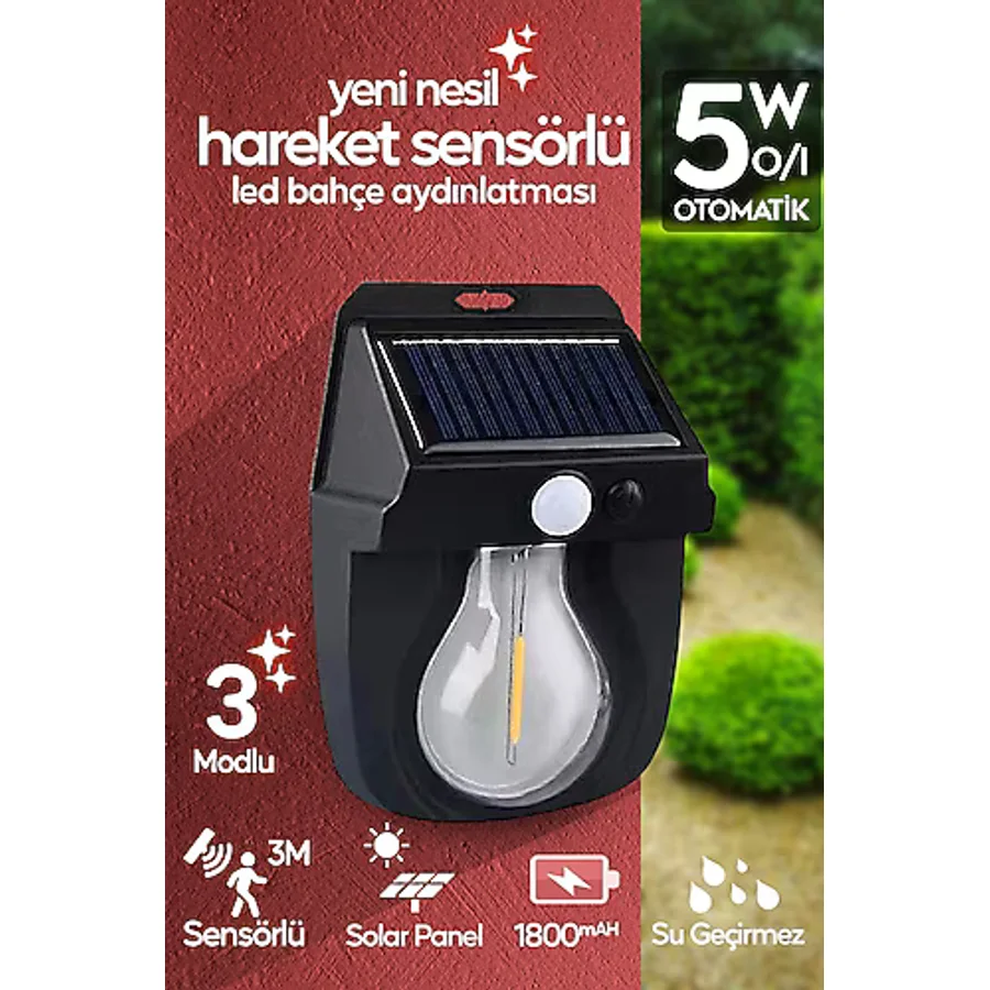 Suled Hareket Sensörlü Bahçe Aydınlatması 5W Lityum Pilli Led Işık Solar Şarjlı Otomatik Dış Mekan Lamba