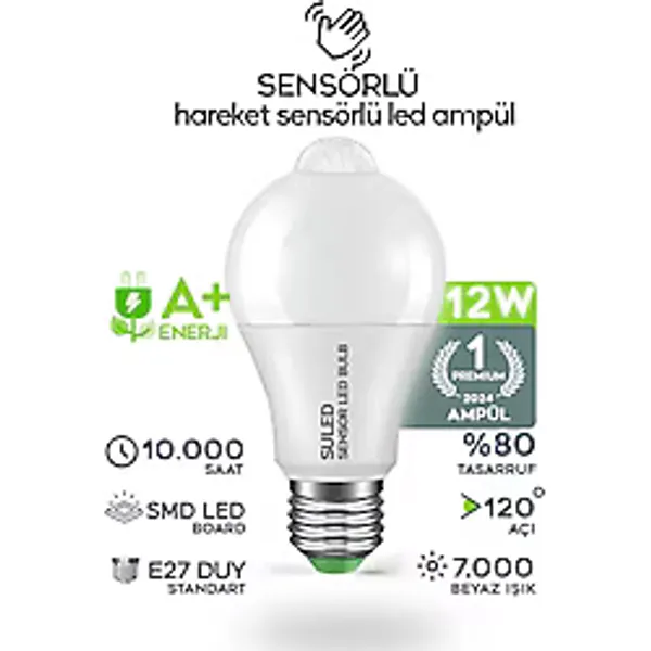 Suled Hareket Sensörlü Led Lamba E27 Duy 12W Işık Lamba A Otomatik Led Ampül Hareket Algılayıcılı