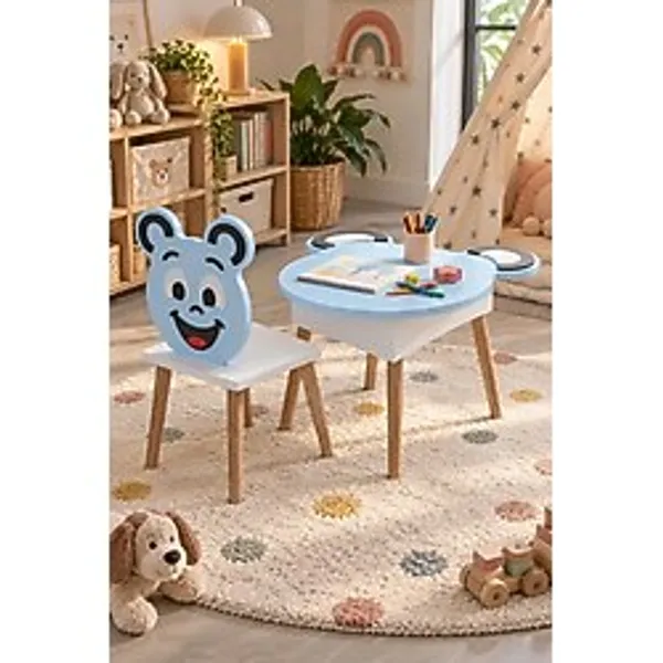 Sulorahome Happy Face Figürlü Çocuk Masa ve Sandalye Seti - Mavi