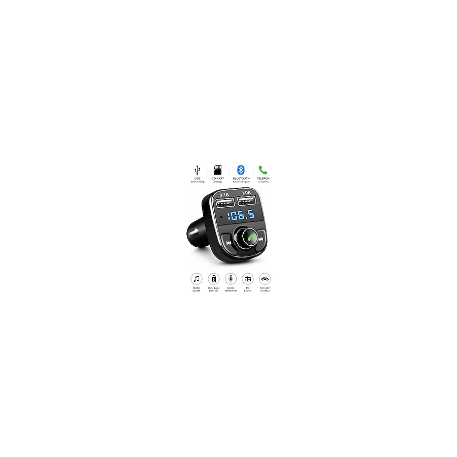 SUNASK SN-X8 Çift Usb Girişli 3.1A Hızlı Şarj Bluetooth'lu Sd Kart Bludetooth Araç Kiti Fm Transmitter