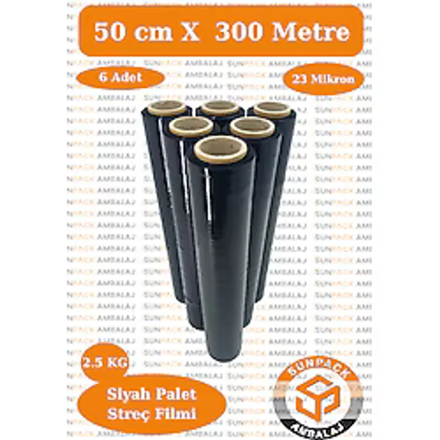 sunpack ambalaj Streç Film 50cm X 300m 6 Adet, Siyah, 23 Mikron, 2500 Gr, Dayanıklı Eşya, Koli ve Palet Streci