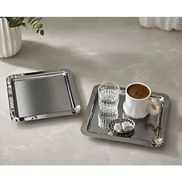 Sunvera Çelik 6'lı 22X22 cm Paslanmaz Çelik Gümüş Kare Kahve Sunum Tepsisi Aynalı Servis Tepsisi Çiçek Aksesuarlı Çay, Türk Kahvesi, Lokum, Çikolata ve Ikramlık Sunum Tepsi Seti