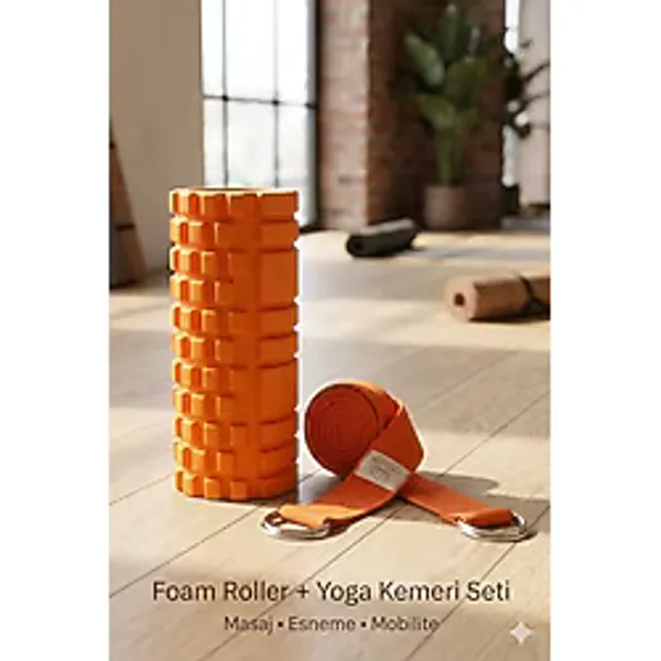 SUNYOGA Foam Roller ve Yoga Kemeri Seti EVA Masaj Rulosu Pilates Silindiri 200 cm Organik Pamuk Yoga Kemeri Fitness Esneme