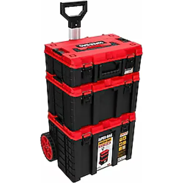 Super-Bag S-M-L Master Case 3'lü Modüler Tekerlekli Takım Çantası Seti, Organizerli Alet Taşıma ve Depolama Sistemi, Çekçek Kollu, Büyük Hacimli, Elektrikçi Tesisatçı Servis İçin, Kırmızı-Siyah - 001