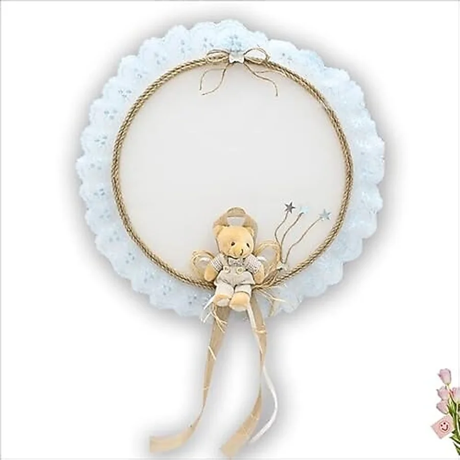 SüSLe Bebek ve Parti Güpürlü Ve Ayıcıklı 37cm Kasnak Kapı Süsü - Mavi