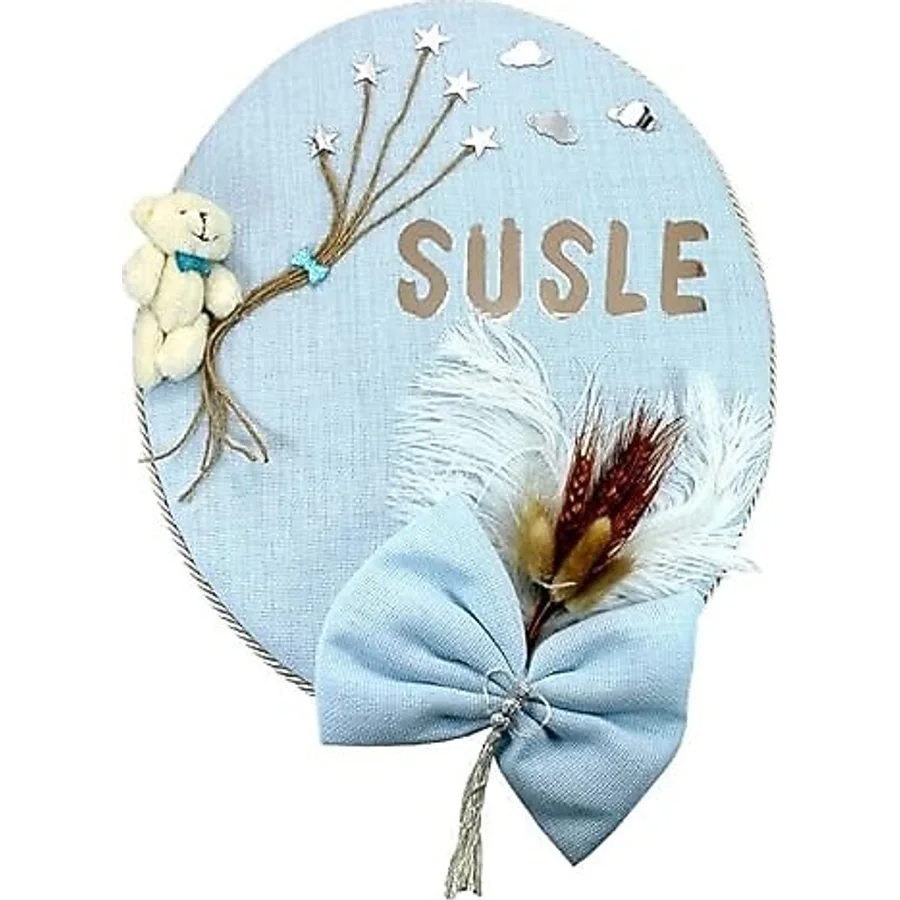 SüSLe Bebek ve Parti Kuru Çiçek Tanzimli, Ayıcıklı, Isimli Oval Kapı Süsü, Mavi