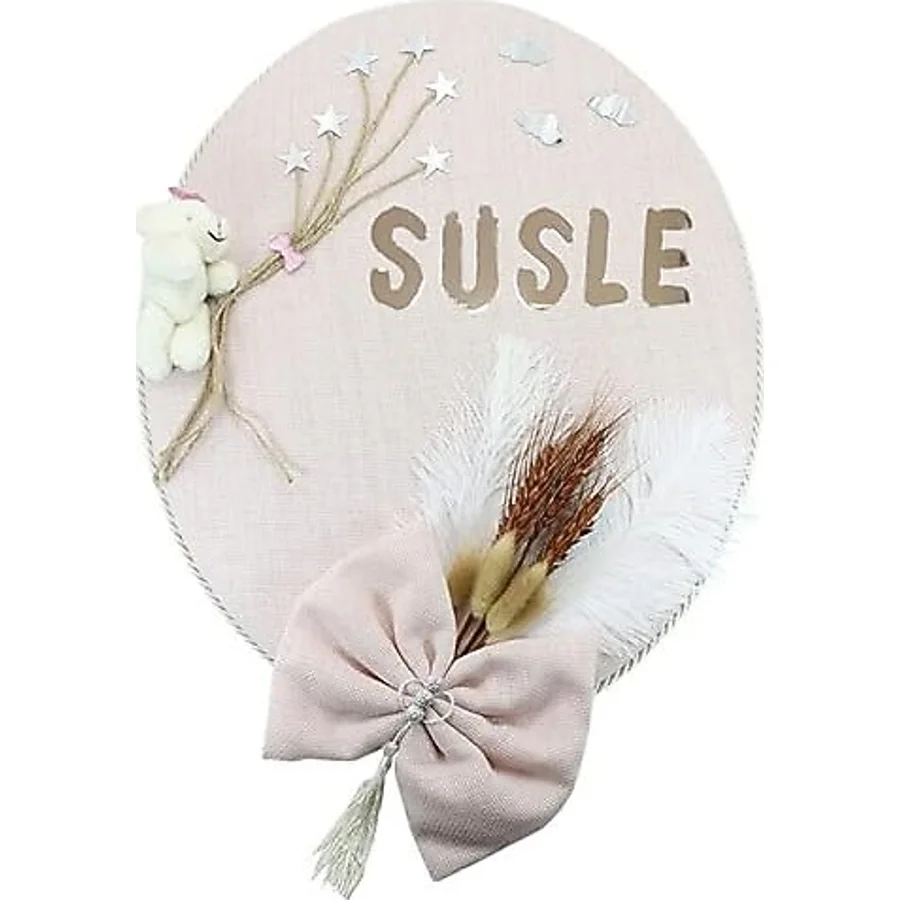 SüSLe Bebek ve Parti Kuru Çiçek Tanzimli, Ayıcıklı, Isimli Oval Kapı Süsü, Pudra Renk