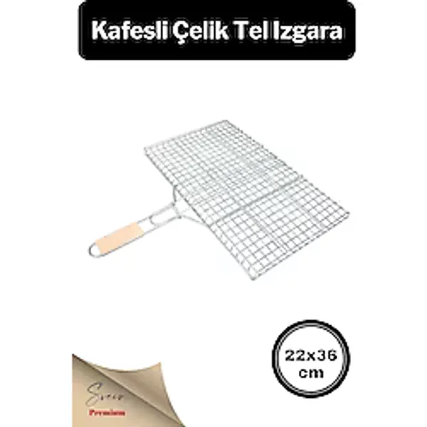 Svein Ahşap Ağaç Saplı Kafesli Çelik Tel Izgara Mangal Barbekü Yemek Pişirme Teli 22 x 36 cm
