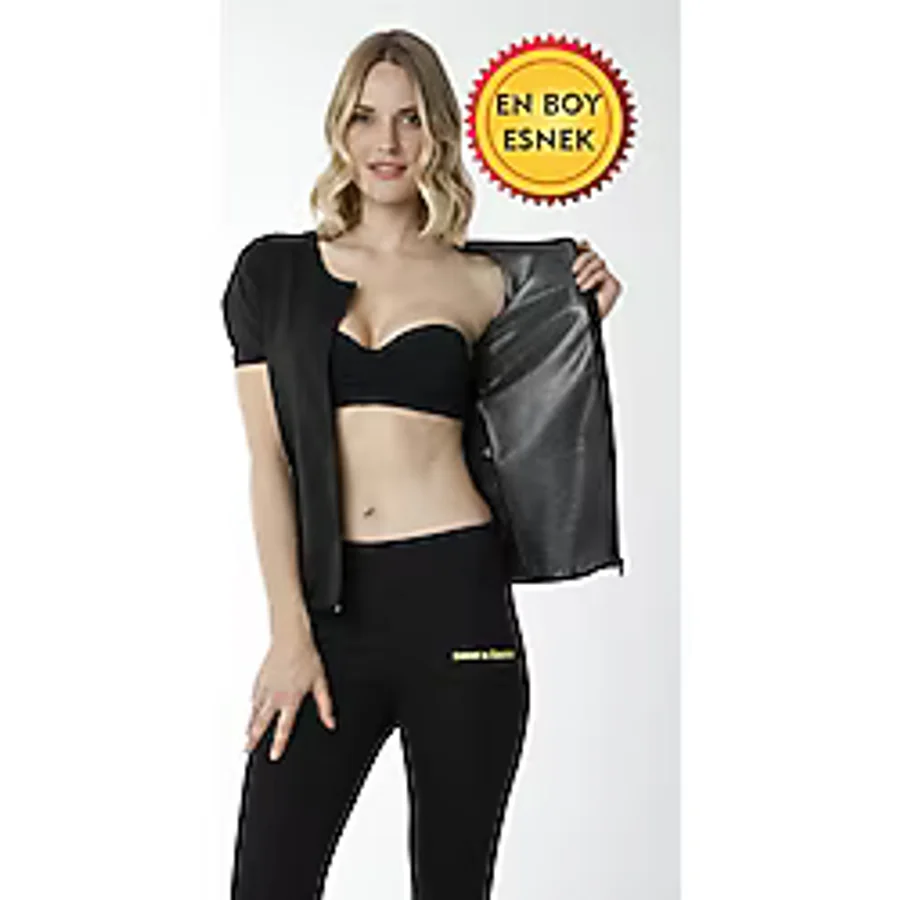 Sweet Sauna Enboy Esnek Termal Kısakollu Fermuarlı Üst Egzersiz Eşofman - 4XL - Siyah