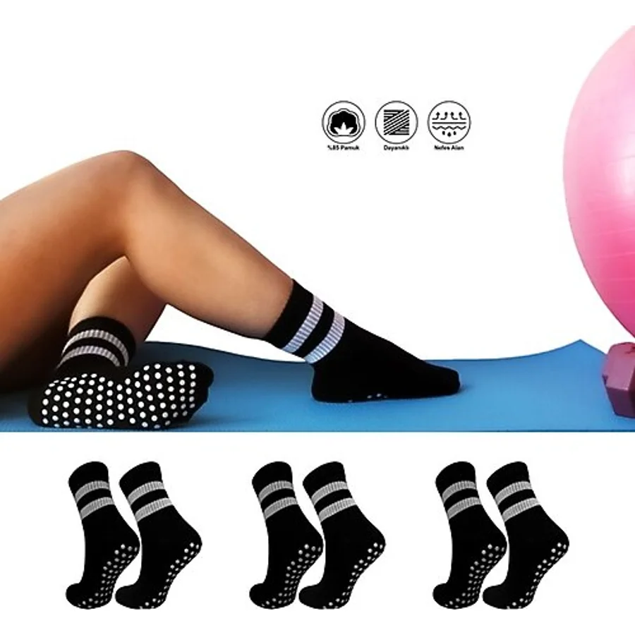 Sweex 3'lü Kadın Kaydırmaz Tabanlı Pilates, Yoga, Dans ve Fitness Soket KOLEJ Çorap - Siyah - 36 - 40