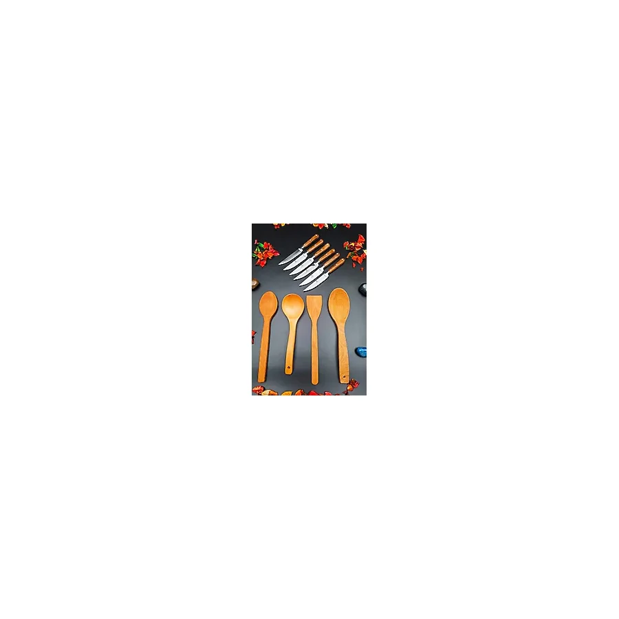 Swencraft 10 Parça Set 6 Ad Steak Mutfak Meyve Sebze Bıçağı ve 4 Ad Doğal Ahşap Servis Kepçe Kaşık Seti