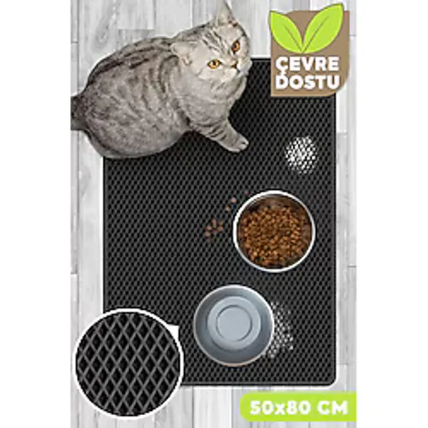Swimchair Hücreli Kedi ve Köpek Maması Matı Su Geçirmez Tuvalet & Mama Kabı Paspası (50x80 cm) - Siyah