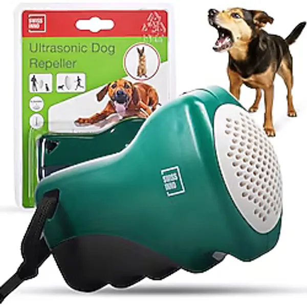 SWISSINNO Ultrasonik köpek kovucu, 12 m'ye kadar menzilli el aleti, pilli, jogging, bisiklet sürme, yürüyüş veya köpek eğitimi sırasında destek için