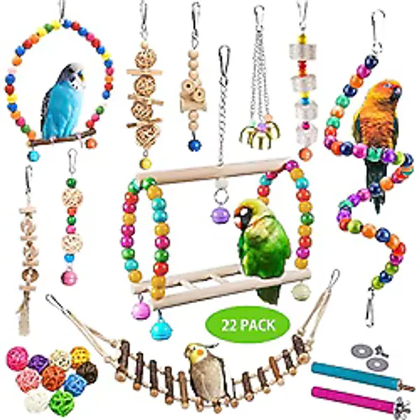 Sysmashing 22 Paket Kuş Muhabbet Kuşu, Papağan Salıncağı Çiğneme Asılı Oyuncak, Güvenli Zilli, Kuş kafesi Renkli Tırmanma Halatı Doğal Ahşap Merdiven Bungee Oyuncakları