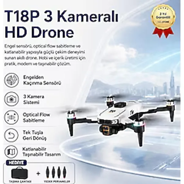 T18p 3 Kameralı 4K Hd Drone, Engel Sensörlü Katlanabilir Akıllı Drone, Optical Flow